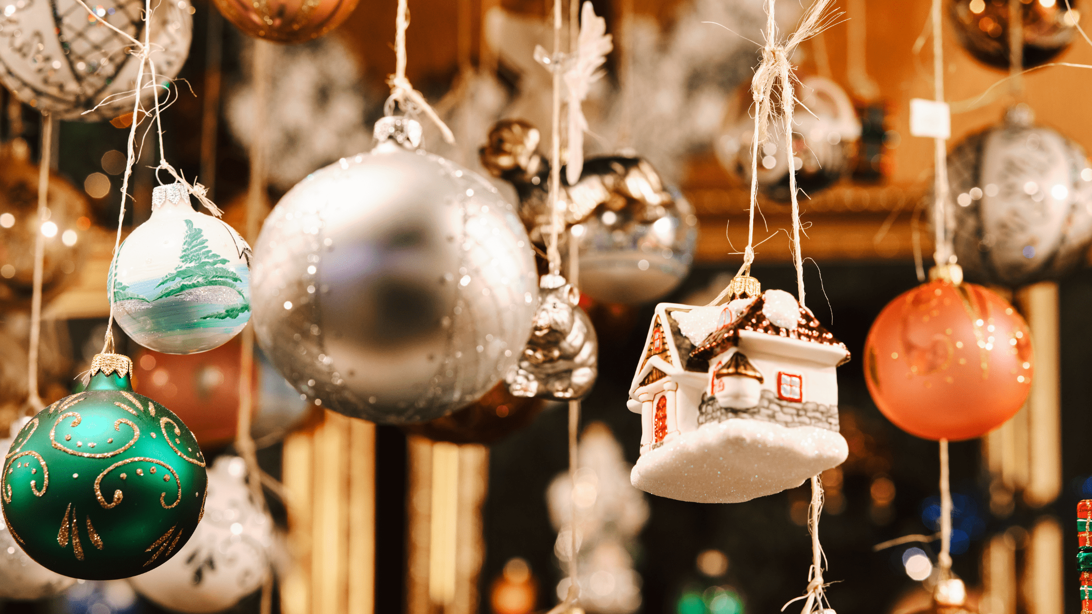Christmas baubles in gold and copper colours.
