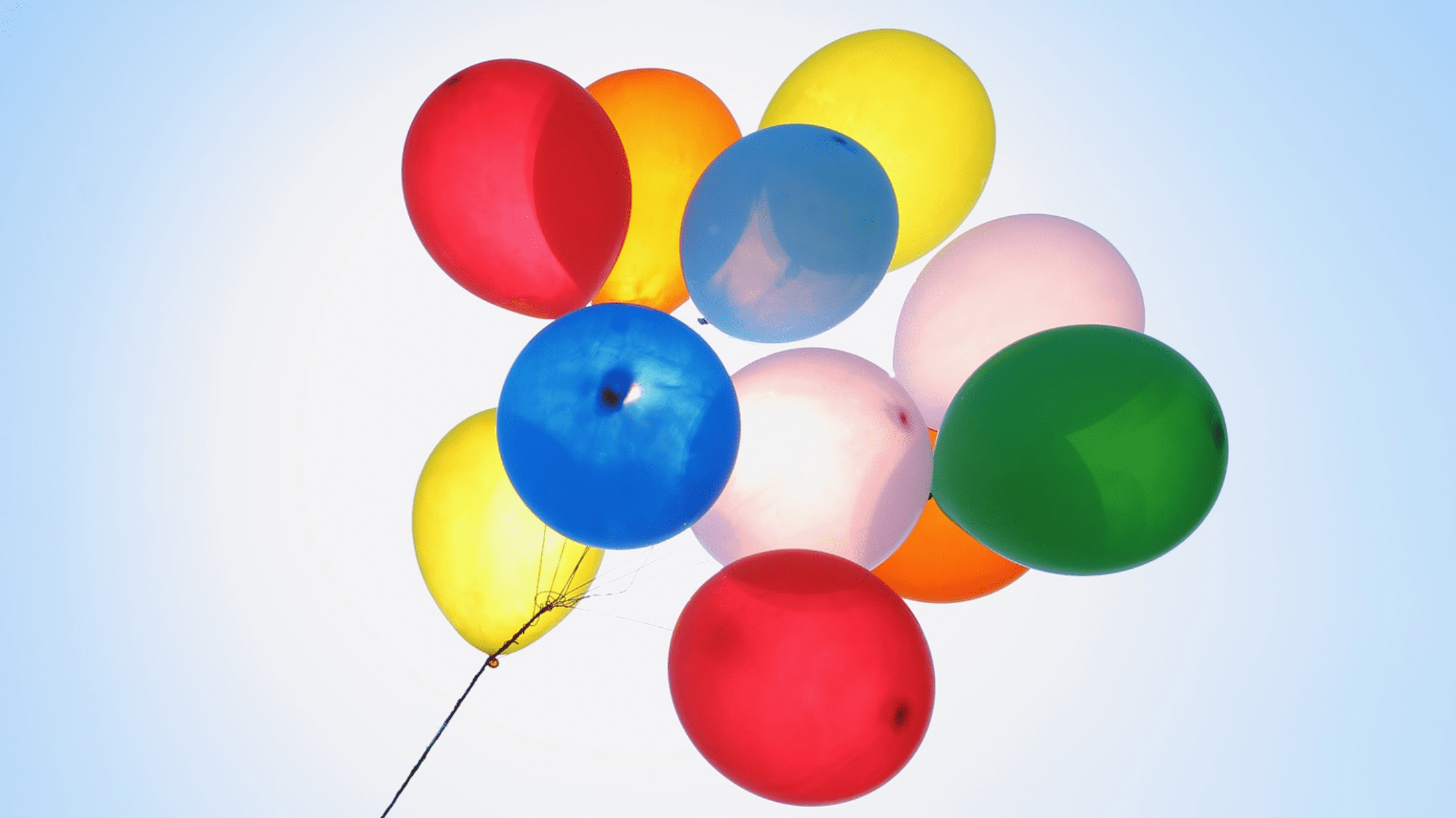 Colourful balloons against a bright blue sky.